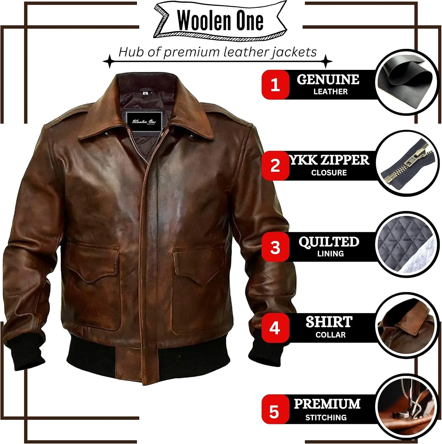 Mens A2 Bomber Leather Jacket - WW2 Air Force Pilot Military Brown Leather Bomber Jacket Men