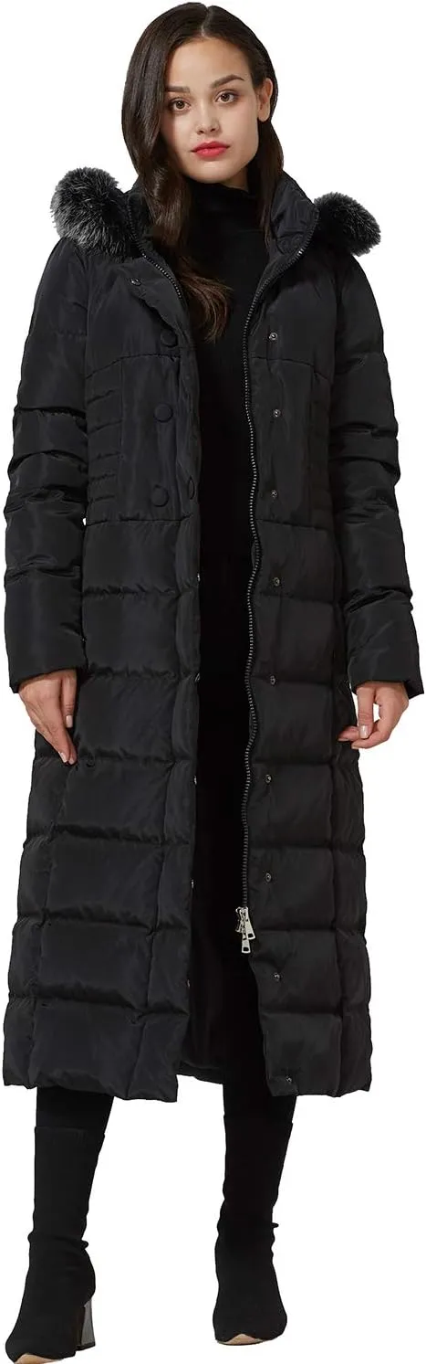 Molodo Women's Long Down Coat with Fur Hood Maxi Down Parka Puffer Jacket