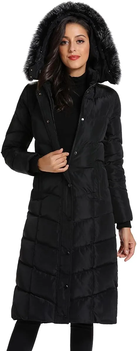 Molodo Women's Long Down Coat with Fur Hood Maxi Down Parka Puffer Jacket