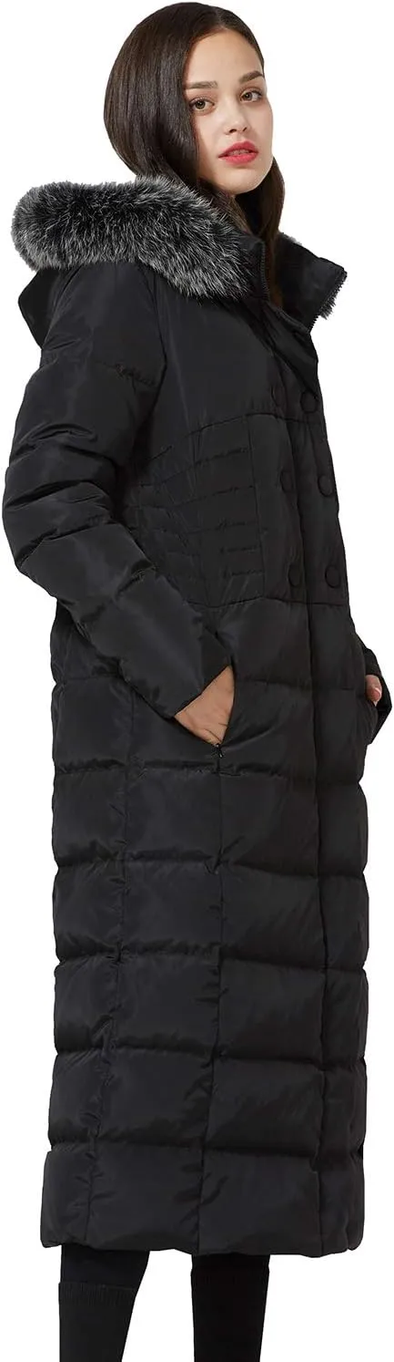 Molodo Women's Long Down Coat with Fur Hood Maxi Down Parka Puffer Jacket