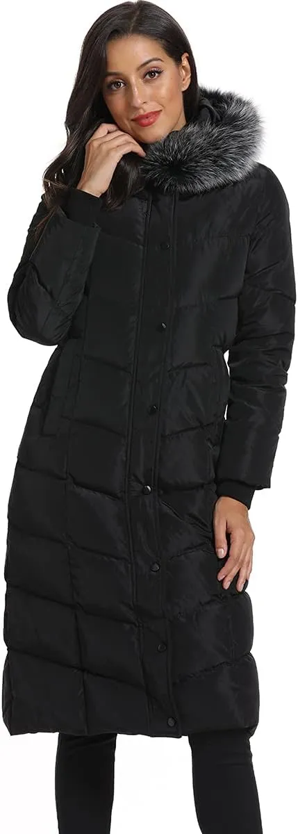 Molodo Women's Long Down Coat with Fur Hood Maxi Down Parka Puffer Jacket