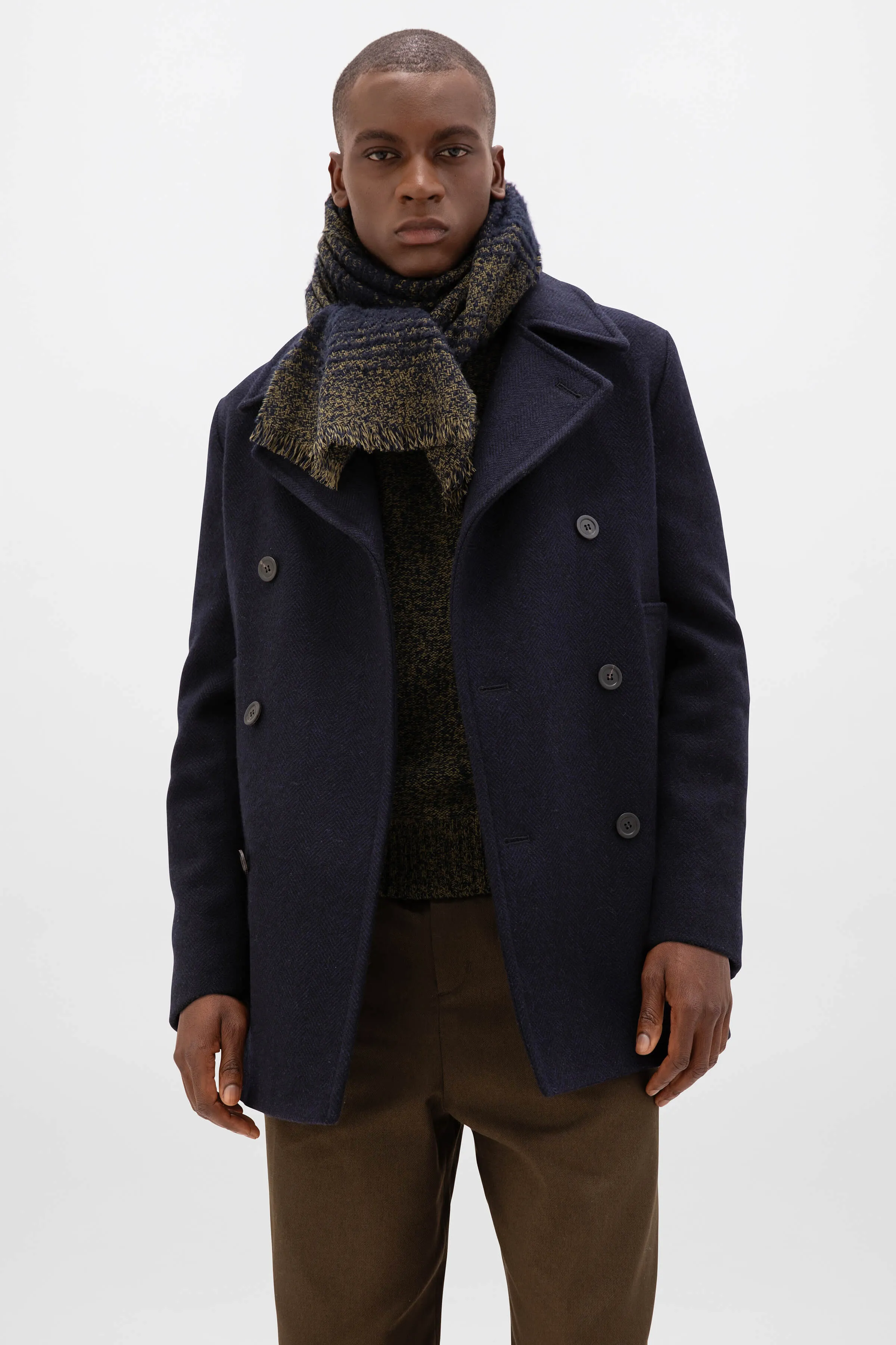 Navy & Black Herringbone Pea Coat