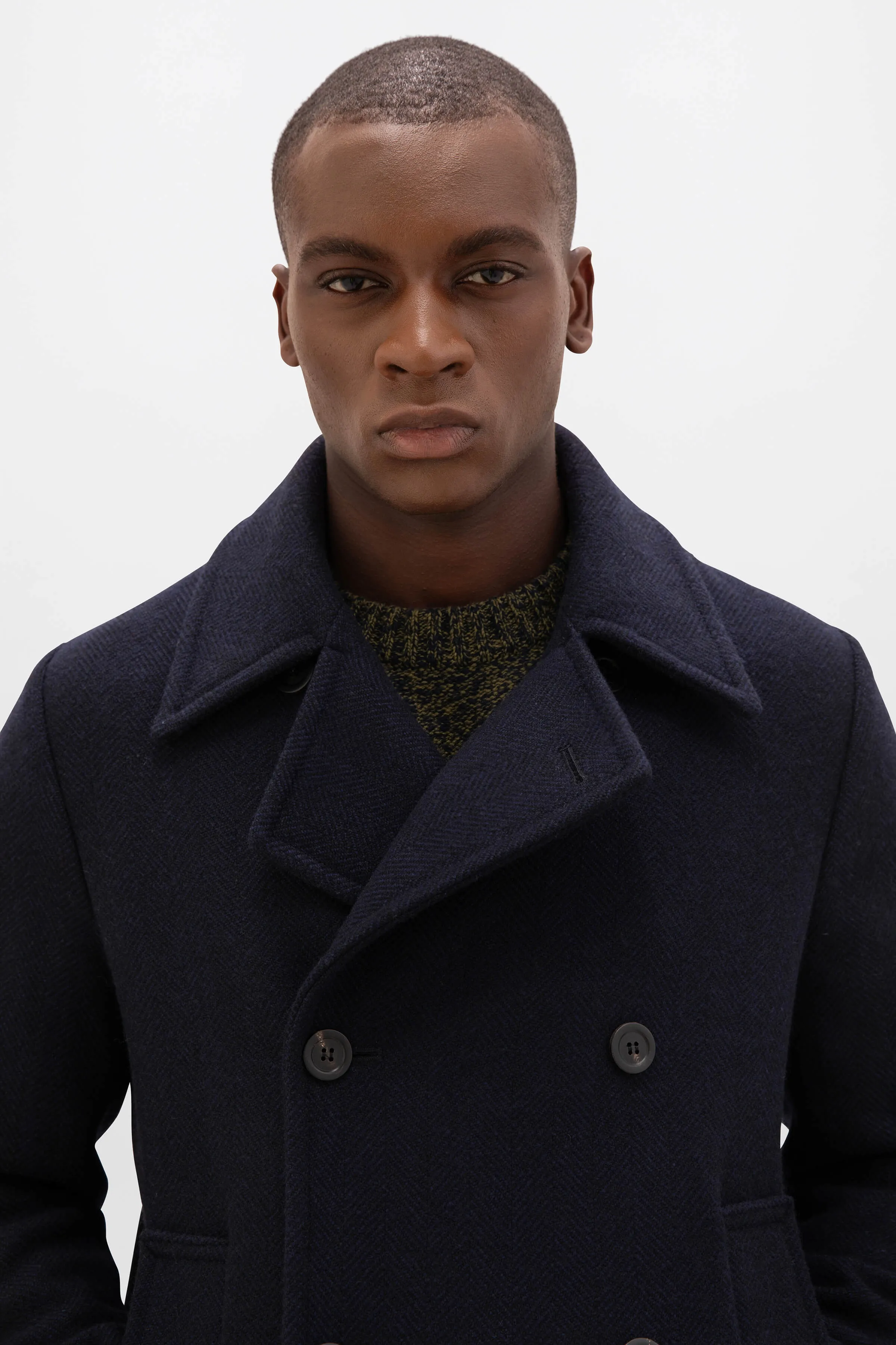 Navy & Black Herringbone Pea Coat