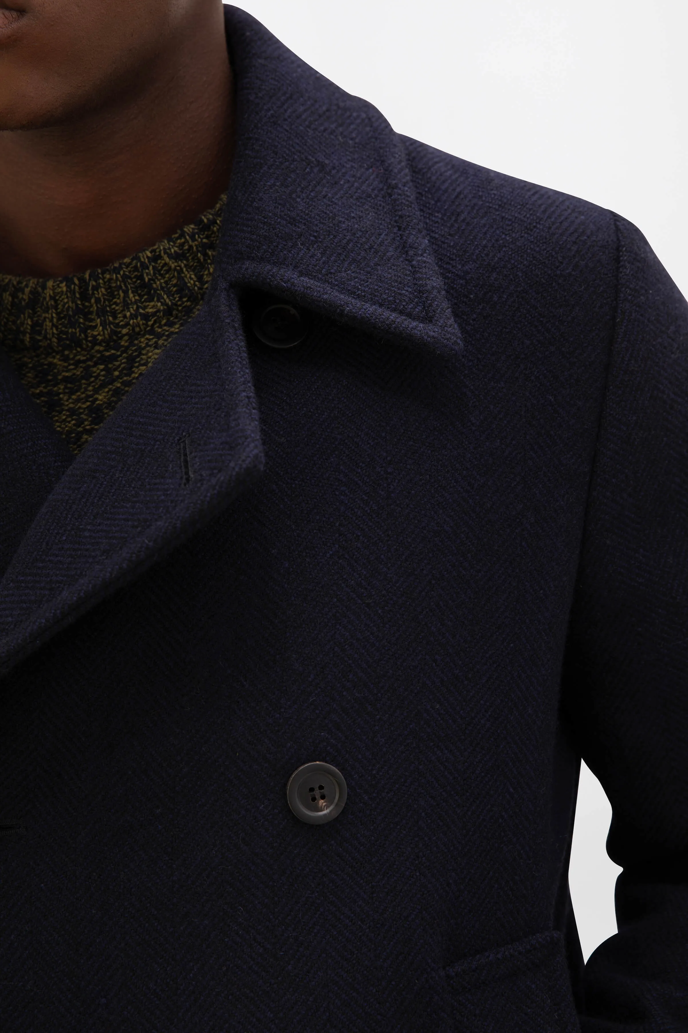 Navy & Black Herringbone Pea Coat
