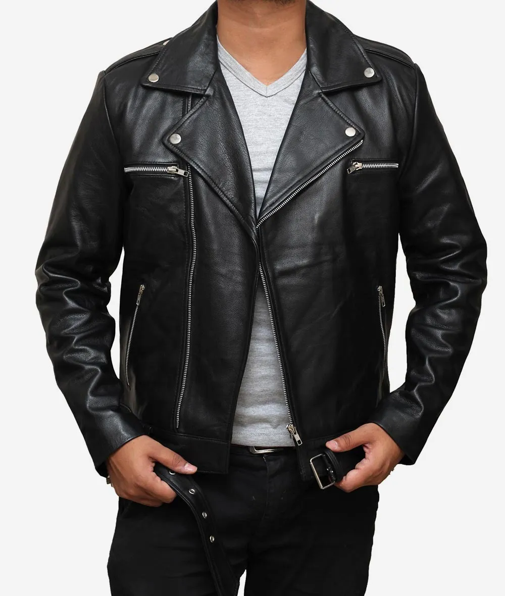 Negan Black Asymmetrical Belted Moto Leather Jacket