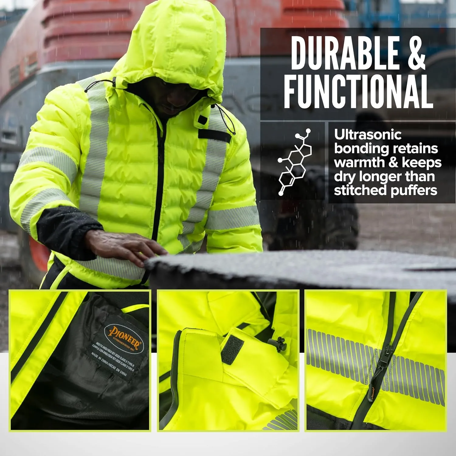 Pioneer Hi Vis Seamless Puffer Jacket for Men - High Visibility Waterproof Winter Parka - ANSI Class 3