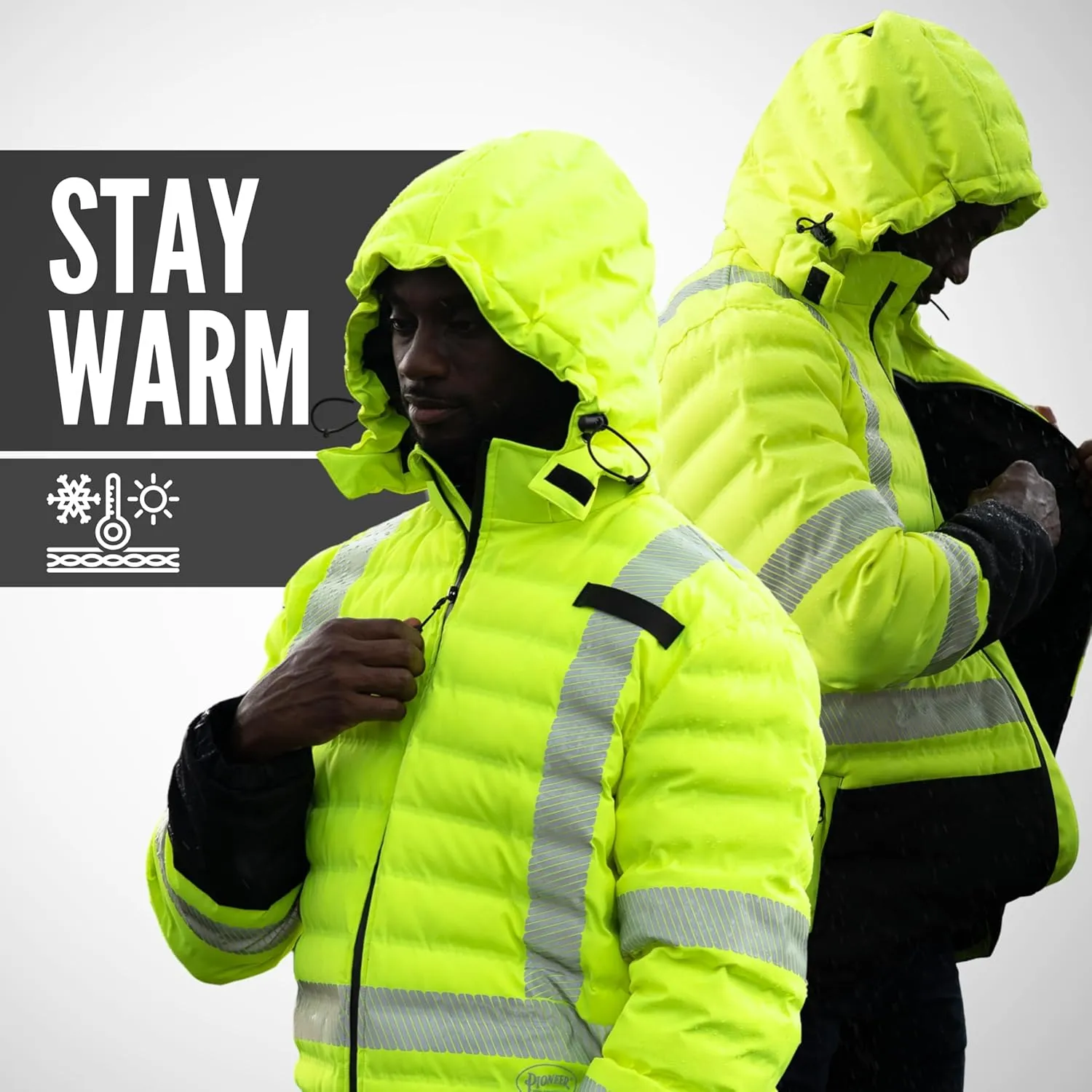 Pioneer Hi Vis Seamless Puffer Jacket for Men - High Visibility Waterproof Winter Parka - ANSI Class 3