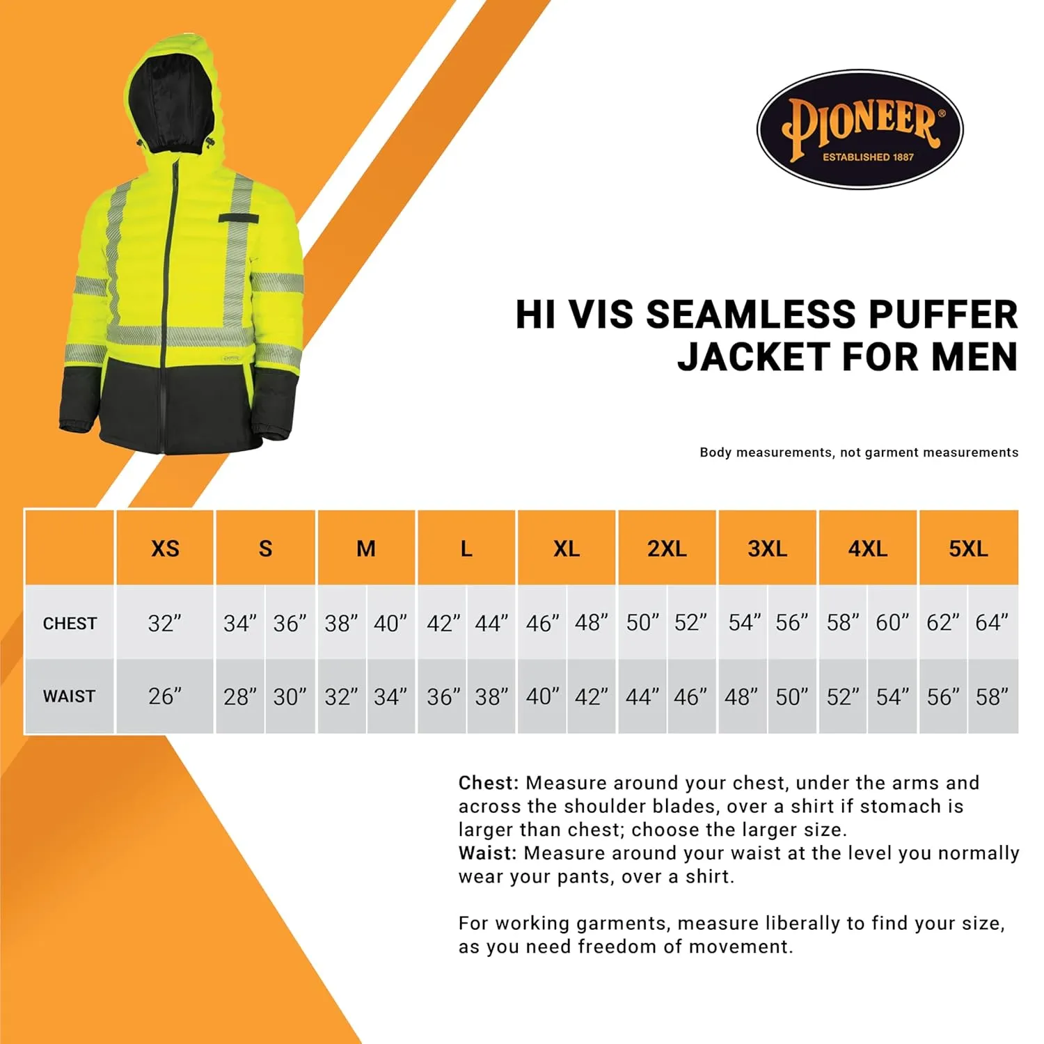 Pioneer Hi Vis Seamless Puffer Jacket for Men - High Visibility Waterproof Winter Parka - ANSI Class 3