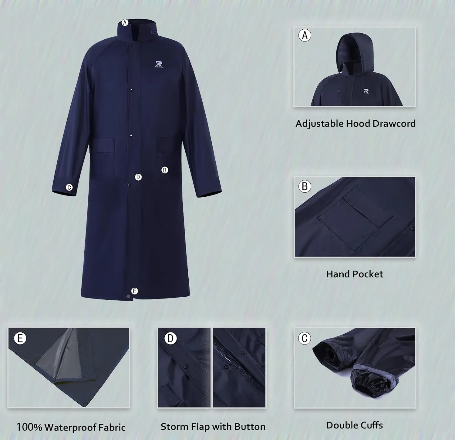 Raincoat for Men Waterproof Long Rain Jacket with Stowable Hood Lightweight Rain Gear Poncho for Unisex