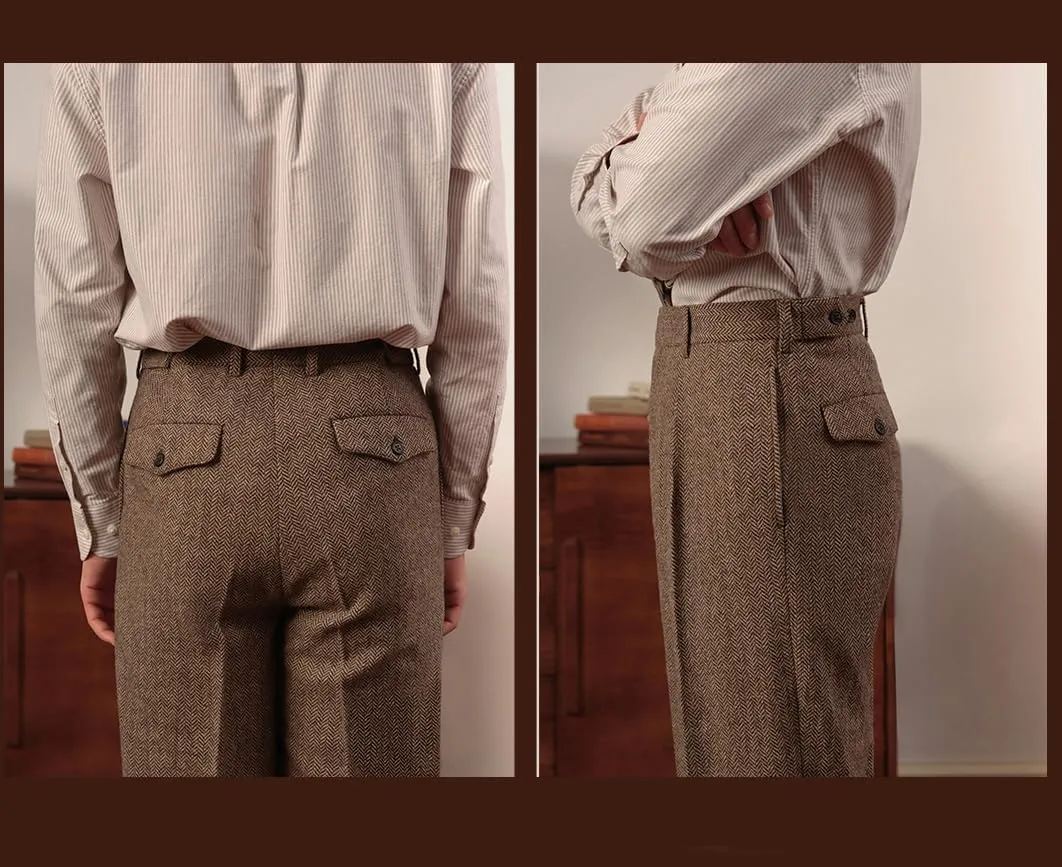 Retro Mens Tweed Suit Pants Herringbone Dress Pants Casual Regular Fit Wool Trousers