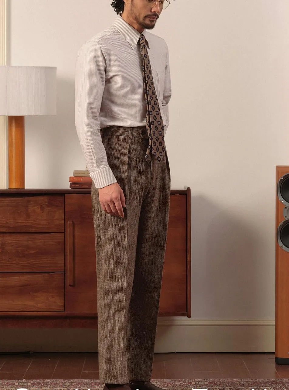 Retro Mens Tweed Suit Pants Herringbone Dress Pants Casual Regular Fit Wool Trousers