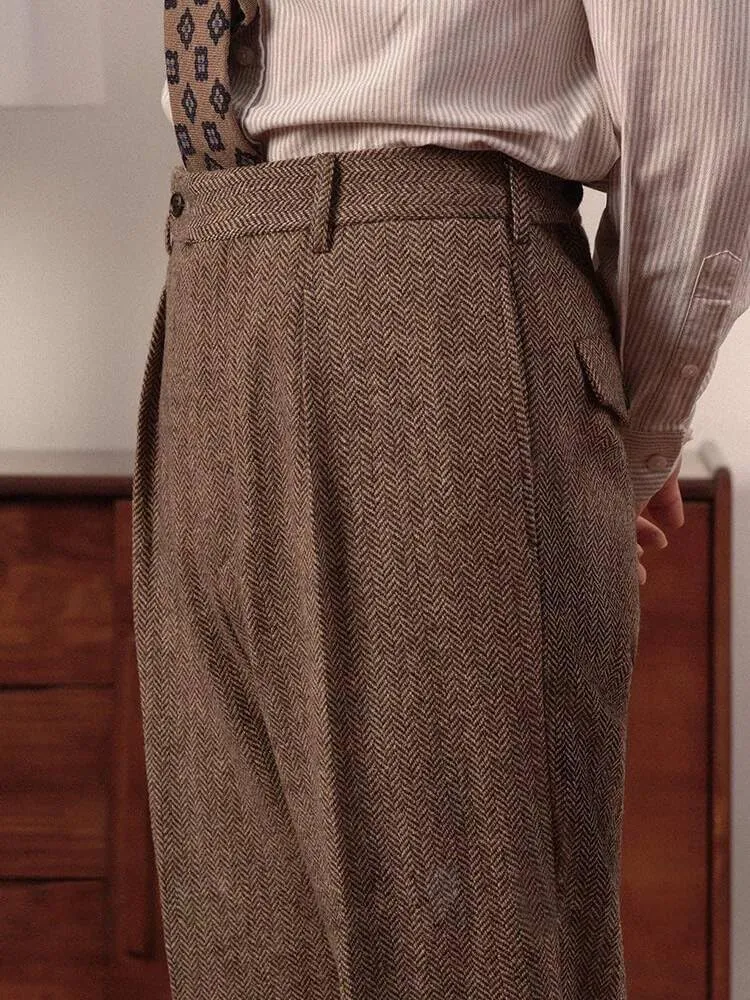Retro Mens Tweed Suit Pants Herringbone Dress Pants Casual Regular Fit Wool Trousers