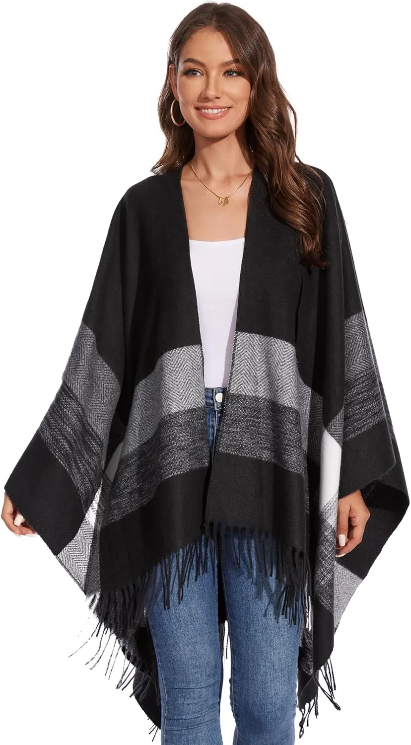 Shawl Wraps for Women, Elegant Knitted Cape Open Front Poncho Scarf Blanket Cardigan Coat for Autumn and Winter
