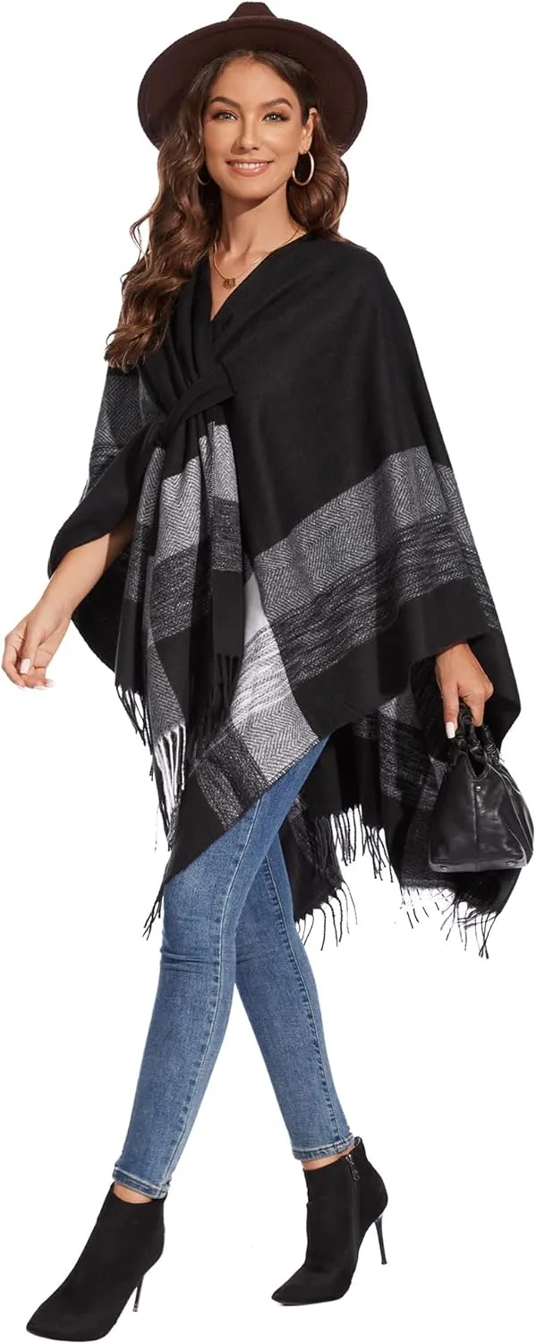 Shawl Wraps for Women, Elegant Knitted Cape Open Front Poncho Scarf Blanket Cardigan Coat for Autumn and Winter