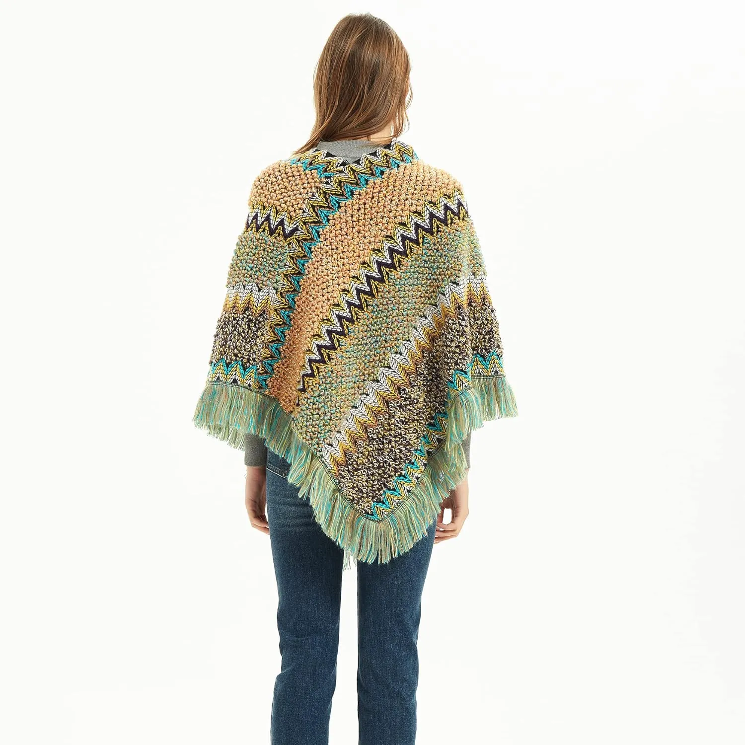 SherryDC Women's Zig-Zag Knit Tassel Fringed Pullover Poncho Sweater Cape Shawl Wrap