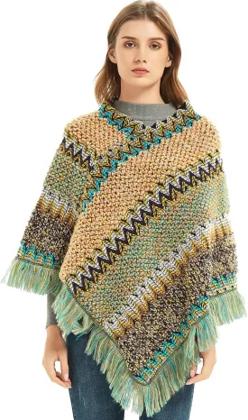 SherryDC Women's Zig-Zag Knit Tassel Fringed Pullover Poncho Sweater Cape Shawl Wrap