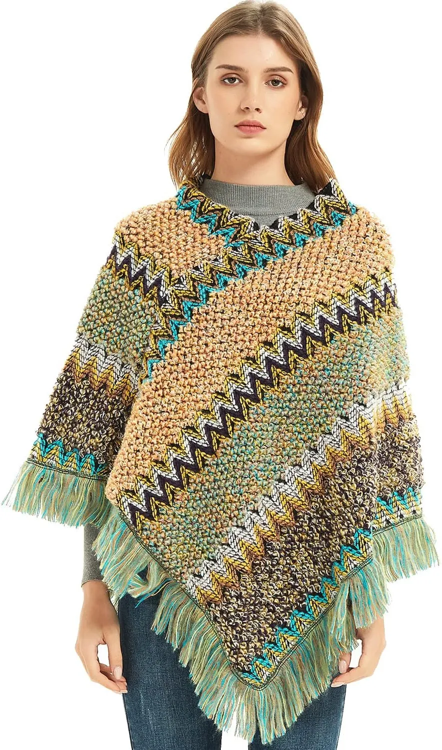 SherryDC Women's Zig-Zag Knit Tassel Fringed Pullover Poncho Sweater Cape Shawl Wrap