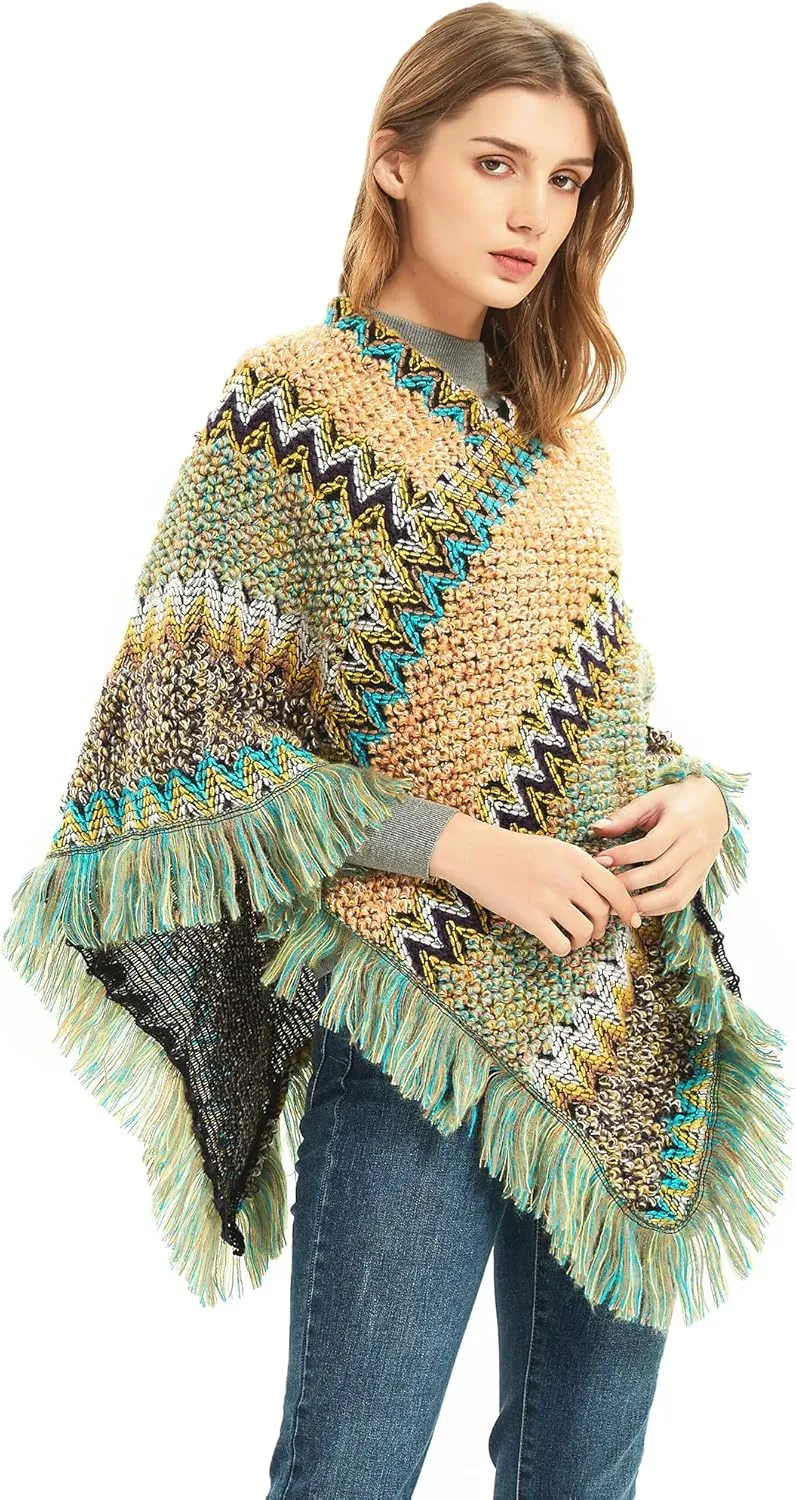 SherryDC Women's Zig-Zag Knit Tassel Fringed Pullover Poncho Sweater Cape Shawl Wrap