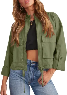 Tankaneo Women Casual Cropped Jackets Zip Up Lightweight Military Safari Short Utility Coat with Pockets