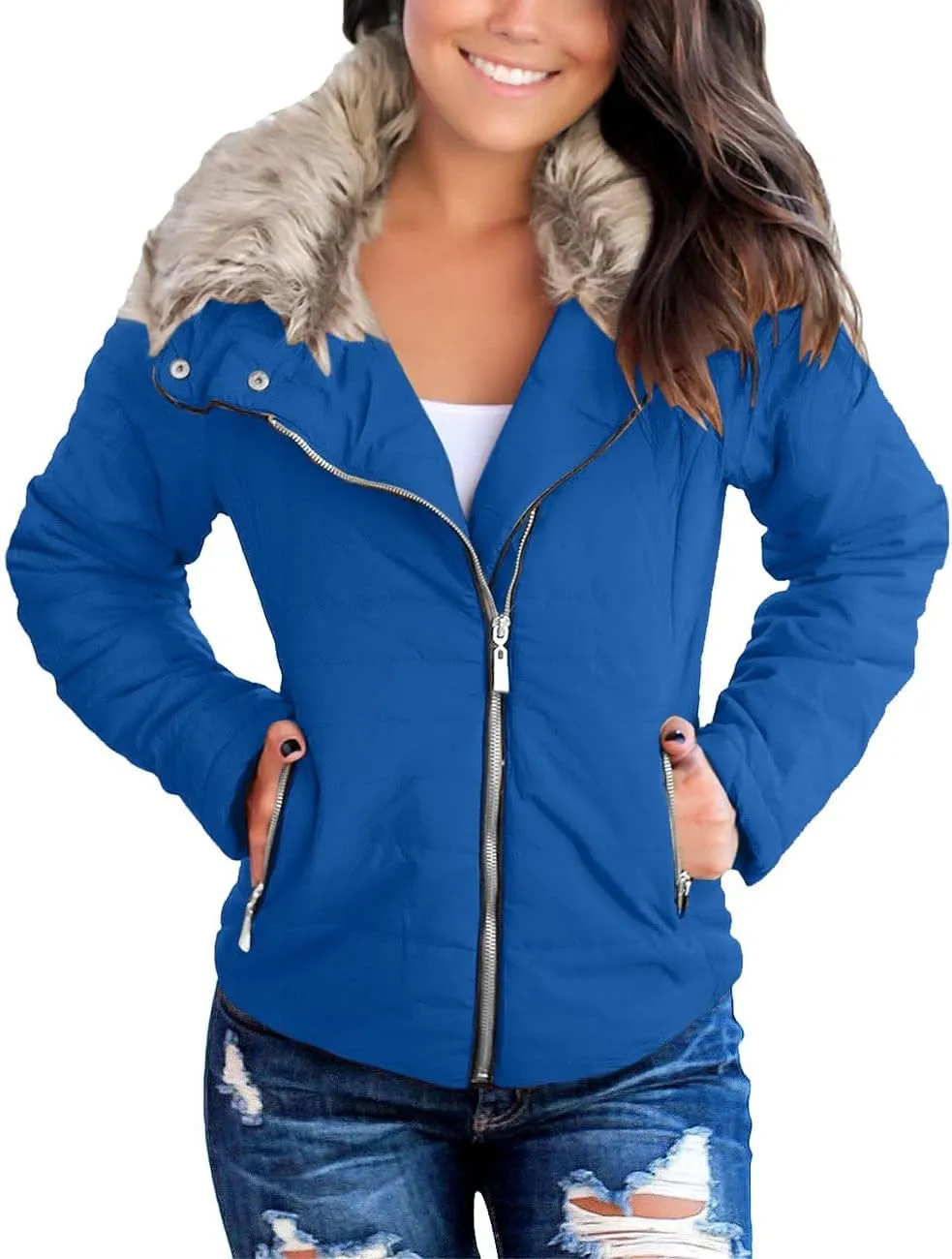 Vetinee Women Casual Faux Fur Lapel Zip Pockets Quilted Parka Jacket Puffer Coat