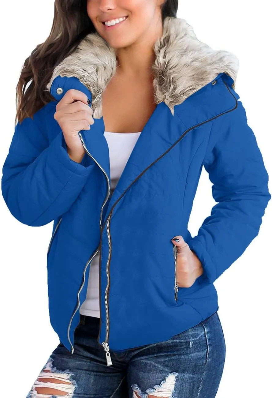 Vetinee Women Casual Faux Fur Lapel Zip Pockets Quilted Parka Jacket Puffer Coat