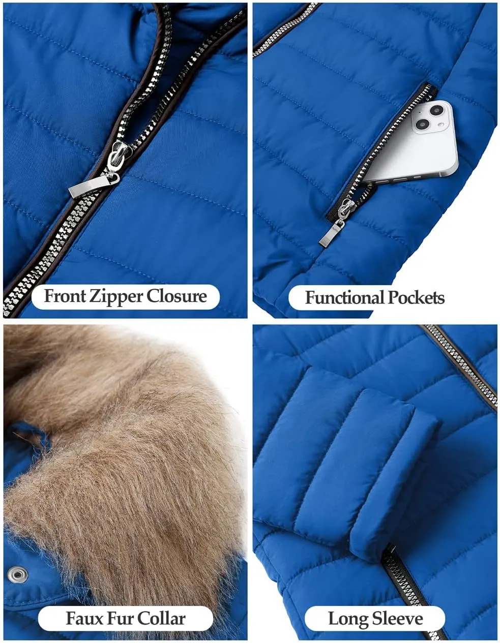 Vetinee Women Casual Faux Fur Lapel Zip Pockets Quilted Parka Jacket Puffer Coat