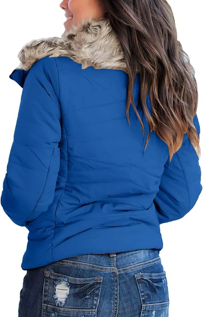 Vetinee Women Casual Faux Fur Lapel Zip Pockets Quilted Parka Jacket Puffer Coat
