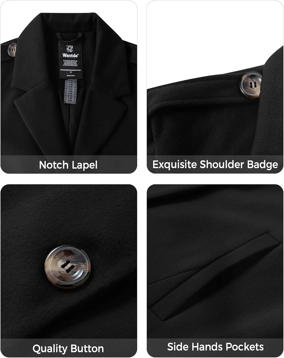 wantdo Women's Plus Size Pea coat Oversized Notched Lapel Peacoat Jacket