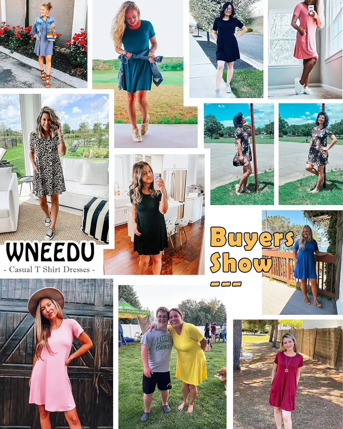 WNEEDU Women's Summer Casual T Shirt Dresses Short Sleeve Swing Dress with Pockets