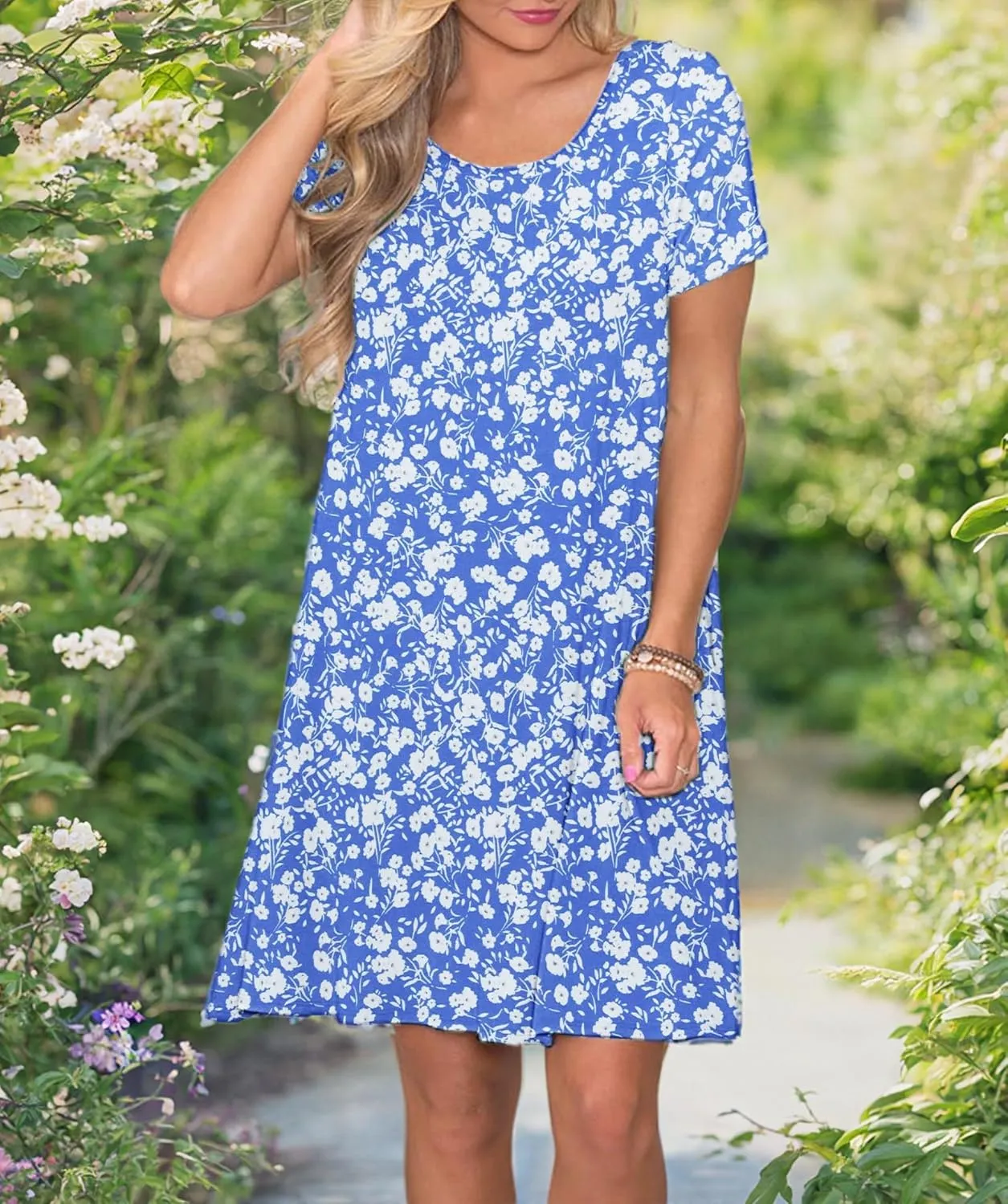 WNEEDU Women's Summer Casual T Shirt Dresses Short Sleeve Swing Dress with Pockets