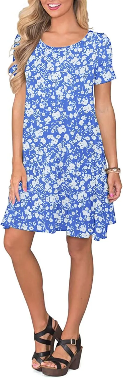 WNEEDU Women's Summer Casual T Shirt Dresses Short Sleeve Swing Dress with Pockets