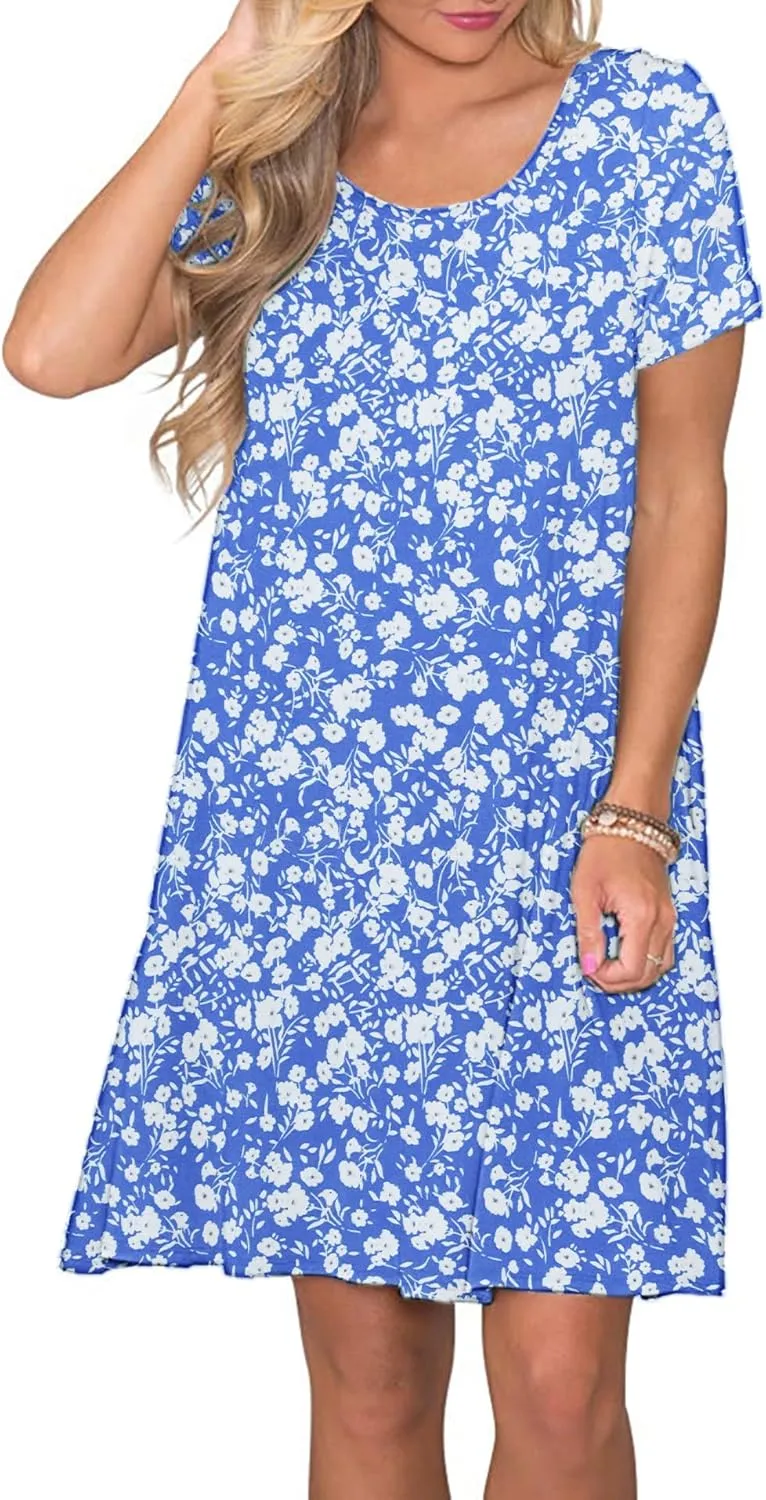 WNEEDU Women's Summer Casual T Shirt Dresses Short Sleeve Swing Dress with Pockets