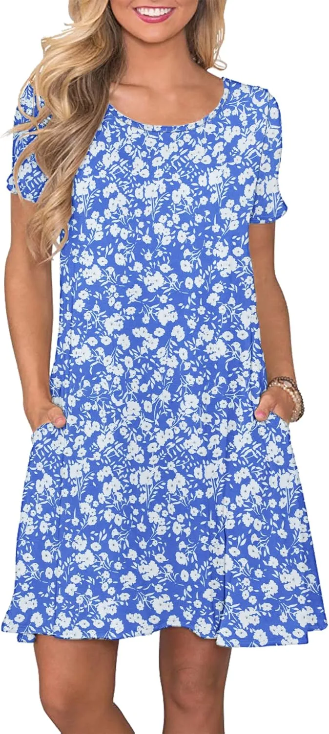 WNEEDU Women's Summer Casual T Shirt Dresses Short Sleeve Swing Dress with Pockets