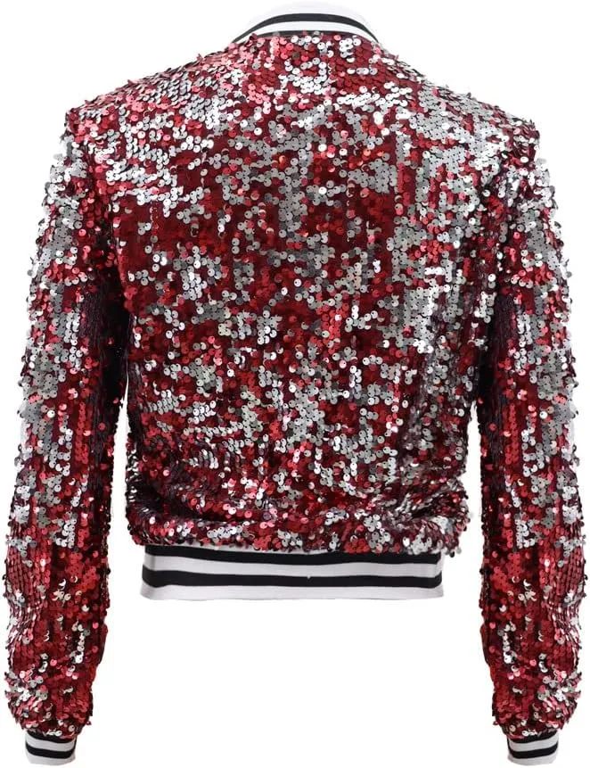 Women Sequin Jacket Long Sleeve Front Zipper Ribbed Blazer Bomber Jacket