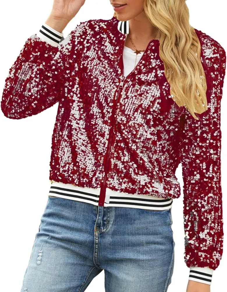 Women Sequin Jacket Long Sleeve Front Zipper Ribbed Blazer Bomber Jacket