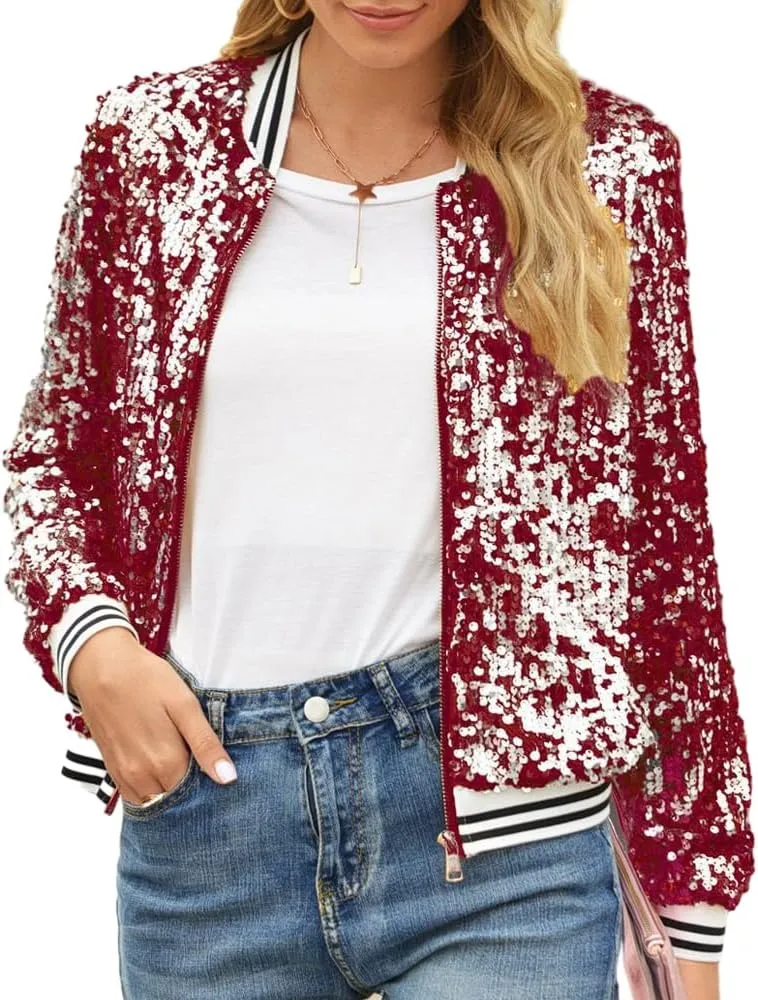 Women Sequin Jacket Long Sleeve Front Zipper Ribbed Blazer Bomber Jacket