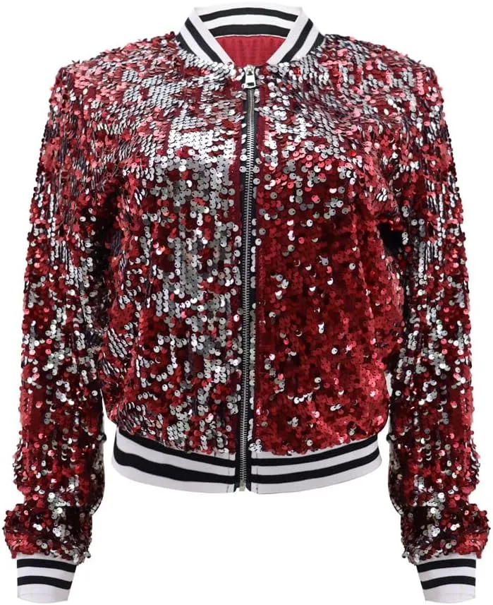 Women Sequin Jacket Long Sleeve Front Zipper Ribbed Blazer Bomber Jacket