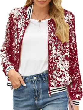 Women Sequin Jacket Long Sleeve Front Zipper Ribbed Blazer Bomber Jacket