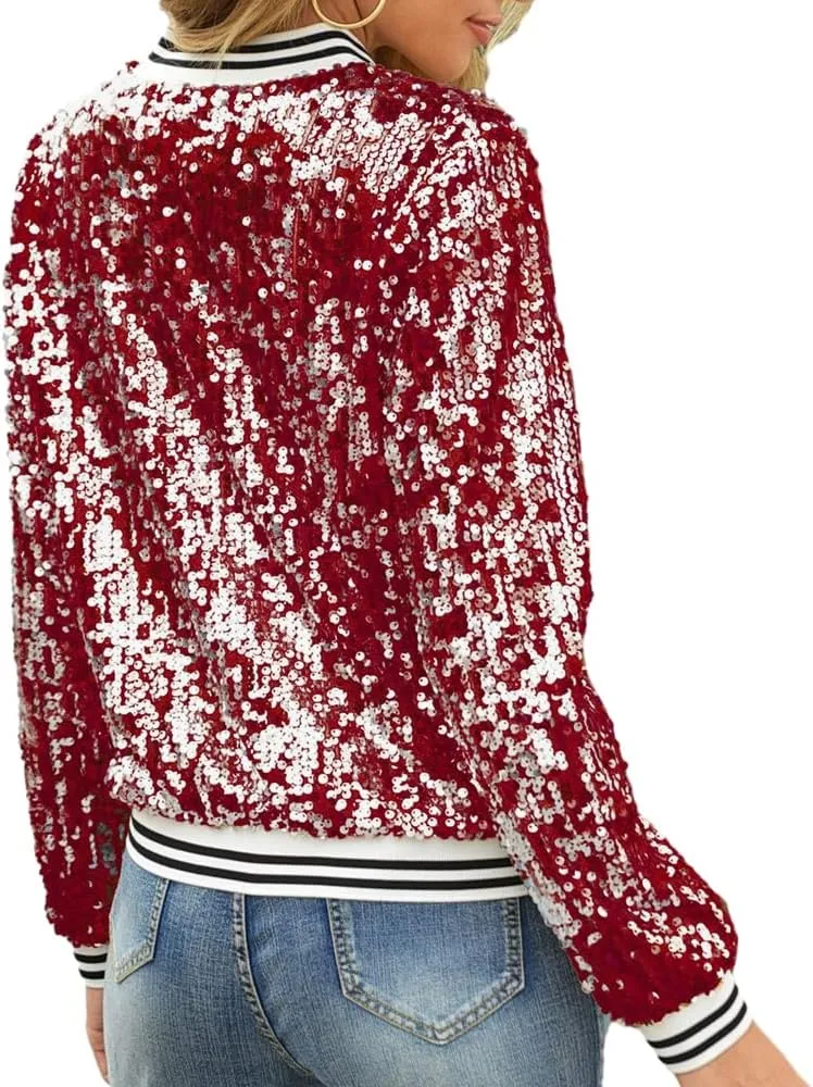 Women Sequin Jacket Long Sleeve Front Zipper Ribbed Blazer Bomber Jacket
