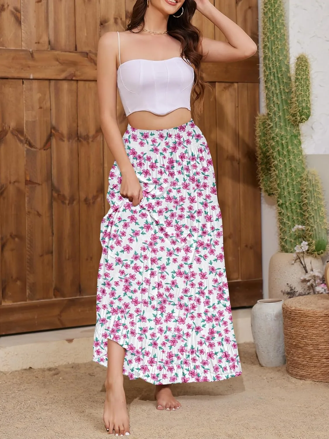 Women's Flowy Maxi Skirt Boho Summer Beach High Waisted Casual A-Line Pleated Long Skirts with Pockets