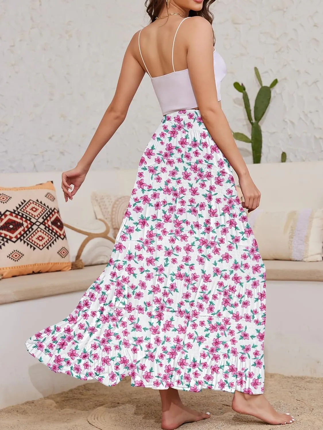 Women's Flowy Maxi Skirt Boho Summer Beach High Waisted Casual A-Line Pleated Long Skirts with Pockets