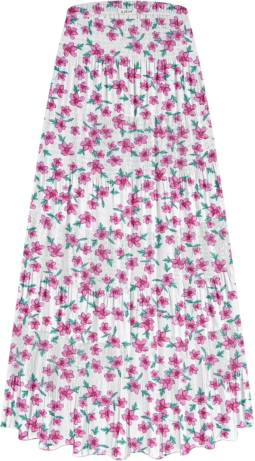 Women's Flowy Maxi Skirt Boho Summer Beach High Waisted Casual A-Line Pleated Long Skirts with Pockets