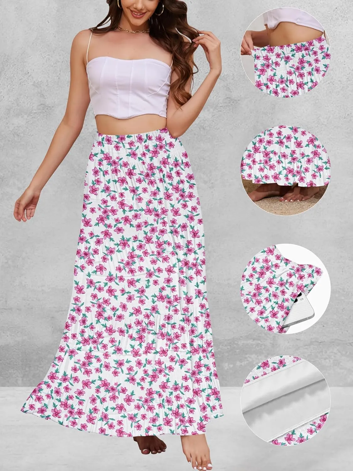 Women's Flowy Maxi Skirt Boho Summer Beach High Waisted Casual A-Line Pleated Long Skirts with Pockets