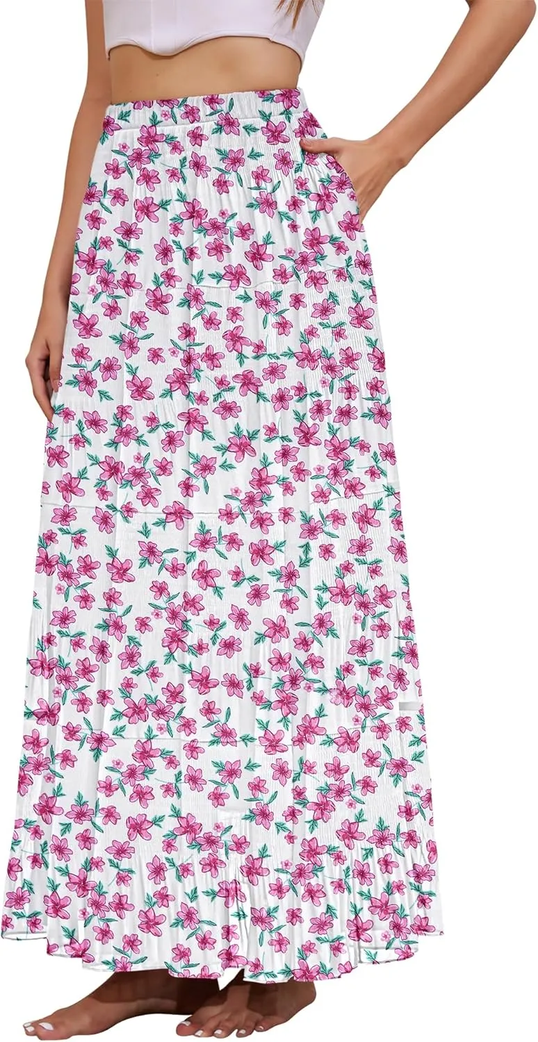 Women's Flowy Maxi Skirt Boho Summer Beach High Waisted Casual A-Line Pleated Long Skirts with Pockets
